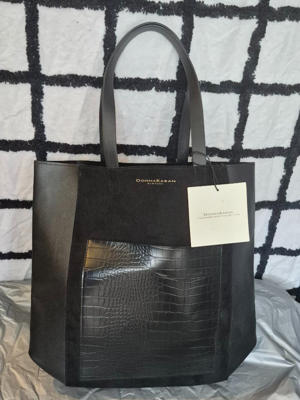 NWT Donna Karan Cashmere Mist Collection Faux Leather / Suede Black Tote Bag